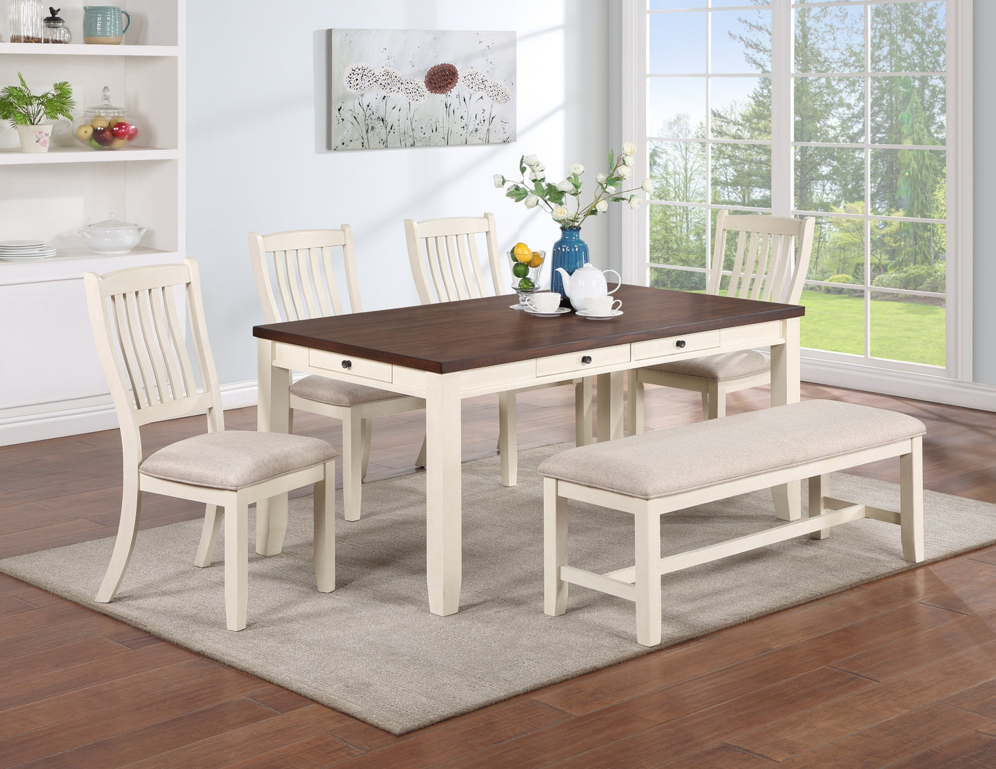 White Classic 1PC BENCH Rubberwood Beige Fabric Cushion Seats Dining Room Furniture Bench