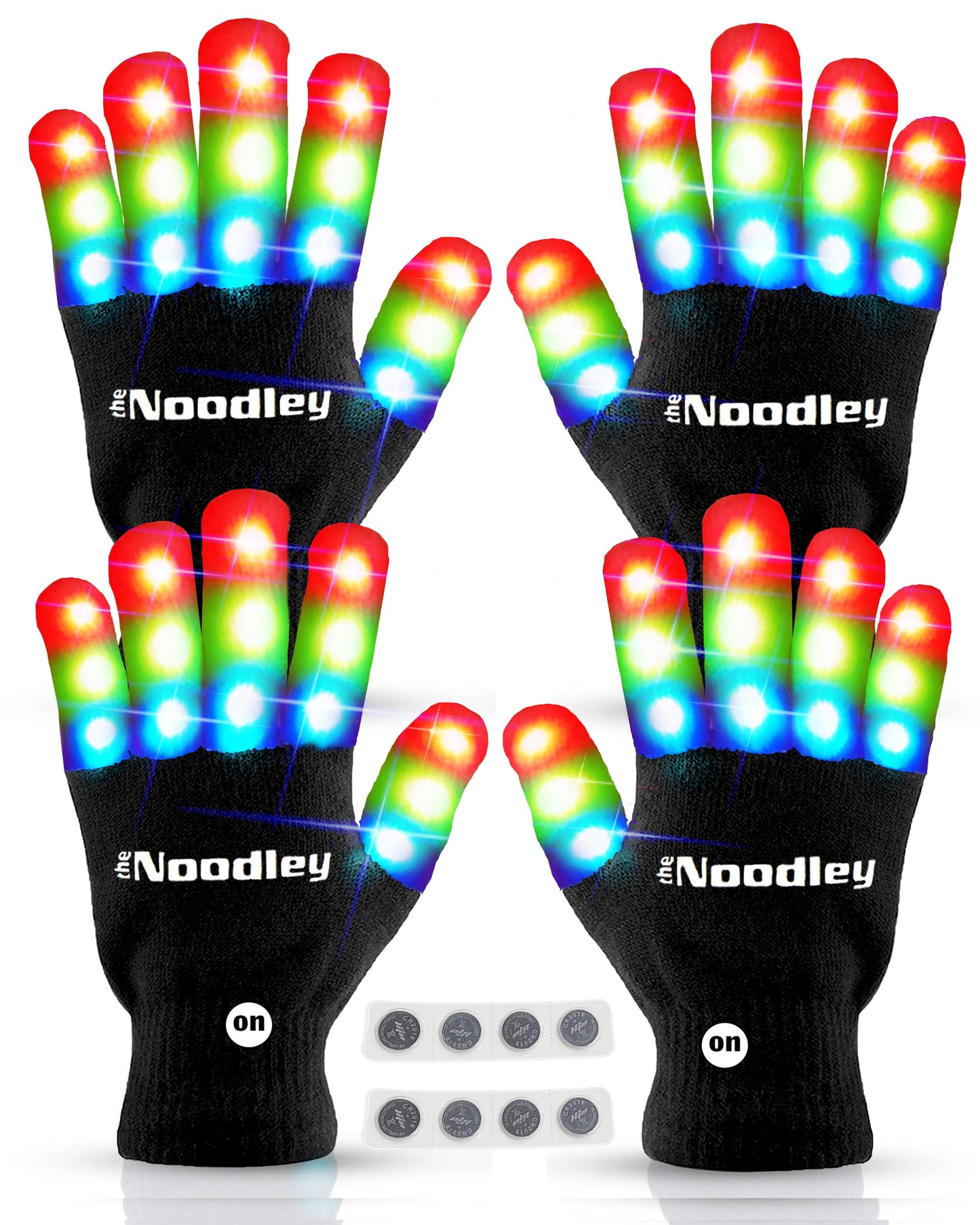 2 Pairs LED Gloves Light up Toys for Boys & Girls Cool Gifts for Kids & Teens - Extra Batteries by The Noodley