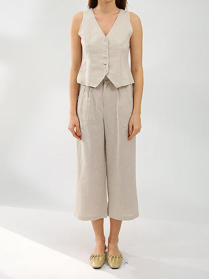 Solid Color  Sleeveless Buttoned Deep V-Neck Vest Top + Pleated Straight Leg Pants Bottom Two Pieces Set by migunica