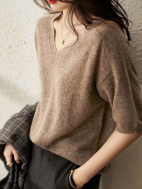 Urban Solid Color V-Neck Knitting Pullover by migunica