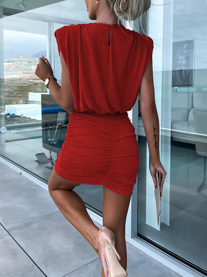 Short Sleeves Skinny Hollow Pleated Shoulder Pad Solid Color Round-Neck Mini Dresses by migunica