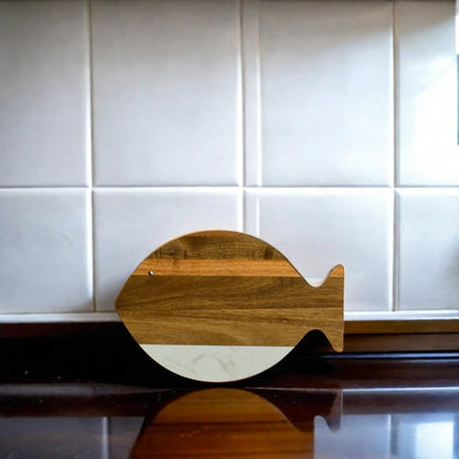 White Marble and Acacia Wood Fish Board by Creative Gifts