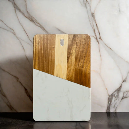 White Marble and Acacia Wood Rectangular Diagonal Board by Creative Gifts