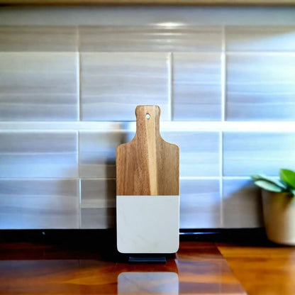 White Marble and Acacia Wood Handled Board by Creative Gifts