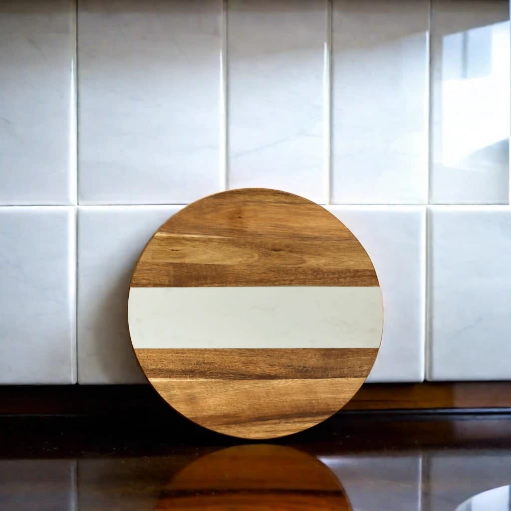 White Marble and Acacia Wood Round Board - 11" by Creative Gifts