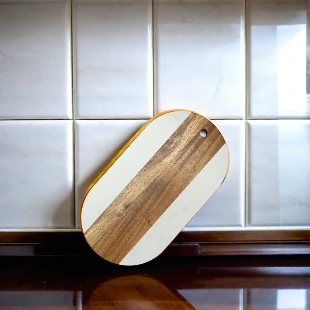 White Marble and Acacia Wood Oval Board by Creative Gifts