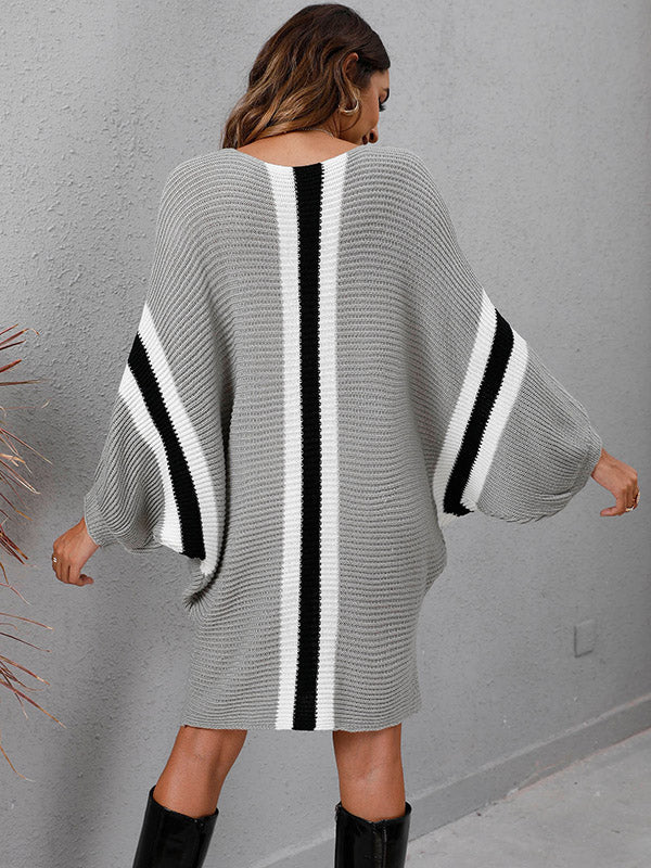 Original Loose 4 Colors Striped Round-Neck Batwing Long Sleeves Sweater Dress by migunica