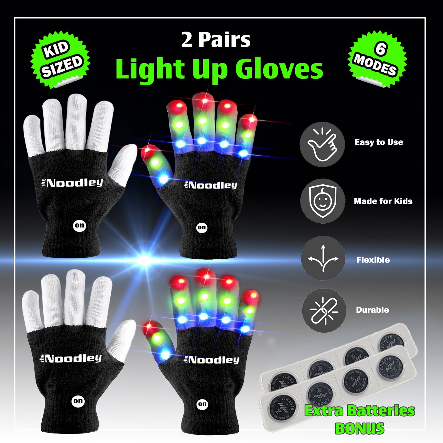 2 Pairs LED Gloves Light up Toys for Boys & Girls Cool Gifts for Kids & Teens - Extra Batteries by The Noodley