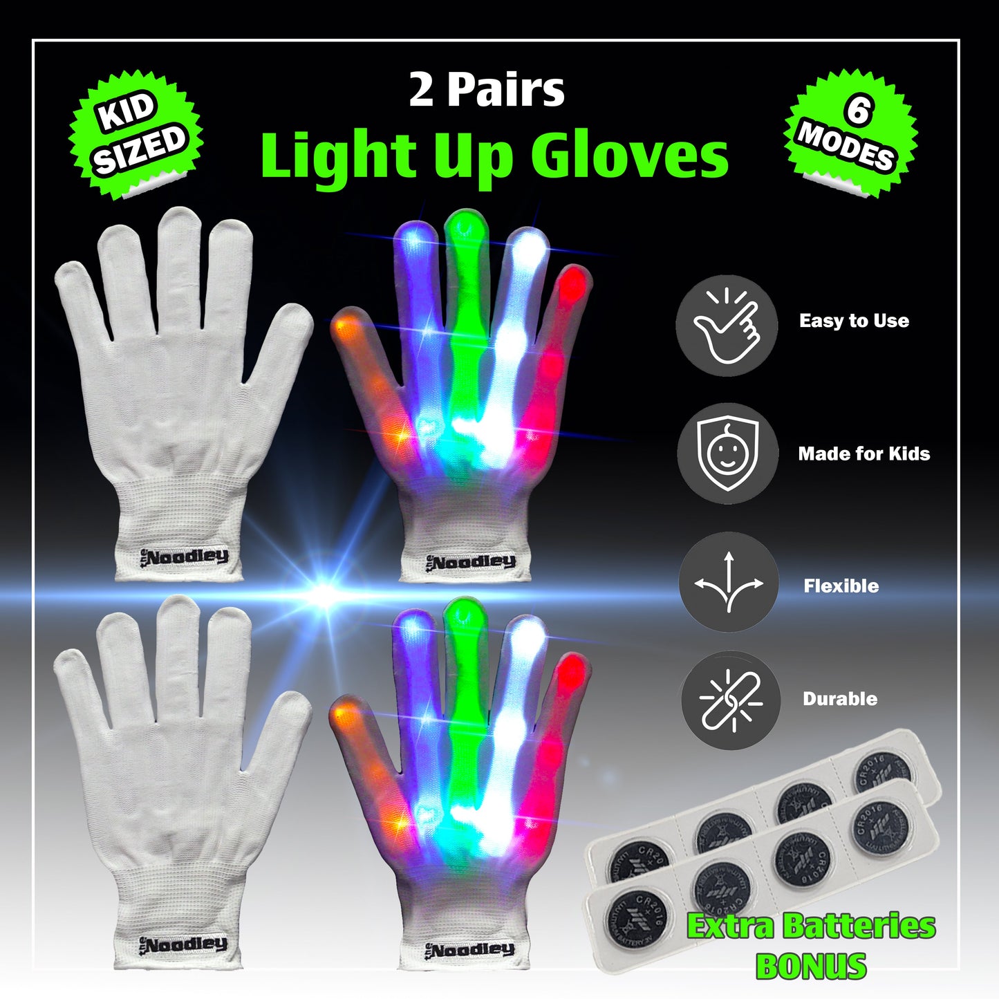 2 Pairs LED Gloves Light up Toys for Boys & Girls Cool Gifts for Kids & Teens - Extra Batteries by The Noodley