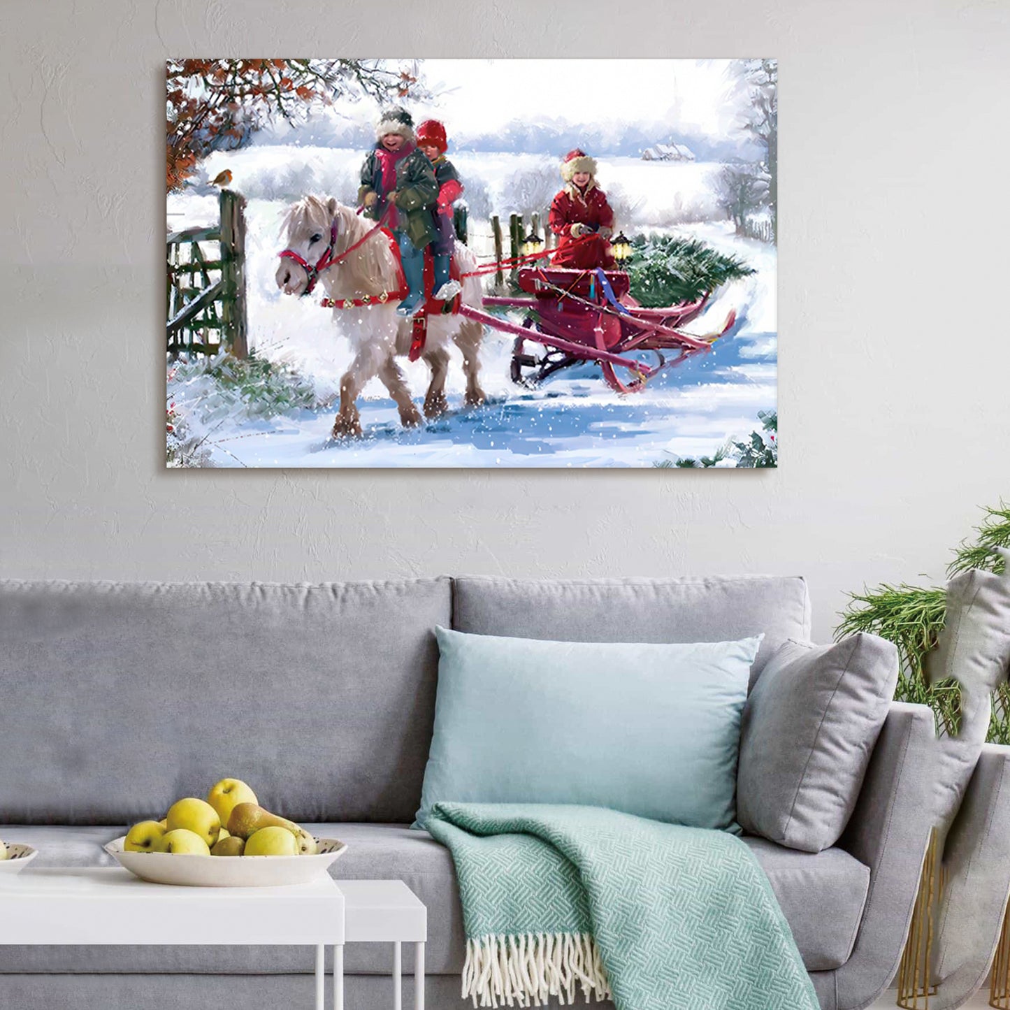 Framed Canvas Wall Art Decor Painting For Chrismas, White Horse with Sledge Chrismas Gift Painting For Chrismas Gift, Decoration For Chrismas Eve Office Living Room, Bedroom Decor-Ready To Hang