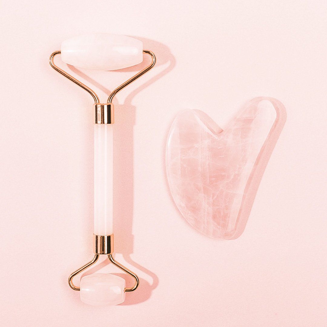 ROSE QUARTZ FACIAL ROLLER + ROSE QUARTZ GUA SHA BOARD by Moon & Ivy