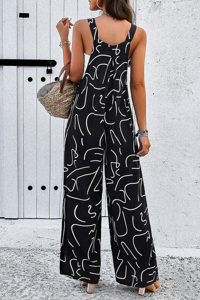 Printed Wide Strap Jumpsuit with Pockets by migunica