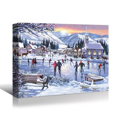 Framed Canvas Wall Art Decor Painting For Chrismas, Cosy Skateing on River scene Chrismas Gift Painting For Chrismas Gift, Decoration For Chrismas Eve Office Living Room, Bedroom Decor-Ready To Hang