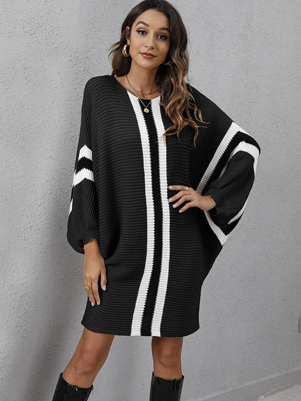 Original Loose 4 Colors Striped Round-Neck Batwing Long Sleeves Sweater Dress by migunica