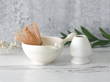 White Striped Matcha Bowl with Spout Set by Aprika Life