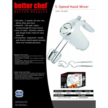 Better Chef 5-Speed 150W Hand Mixer with Silver Accents and Storage Clip by Jupiter Gear Home