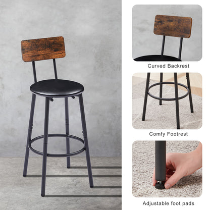 Round bar stool set with shelf, upholstered stool with backrest, Rustic Brown, 23.62'' W x 23.62'' D x 35.43'' H