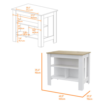 Kitchen Island Dozza, Three Shelves, White / Light Oak Finish