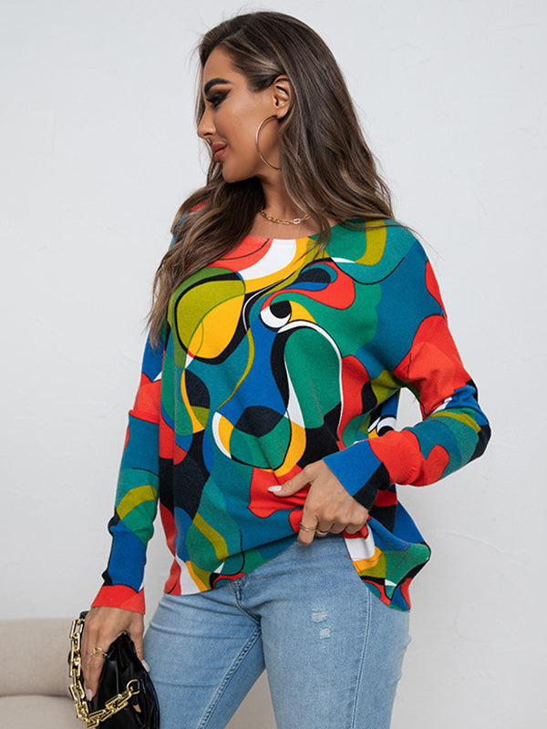 Original Creation Long Sleeves Loose Contrast Color Printed Round-Neck Pullovers by migunica