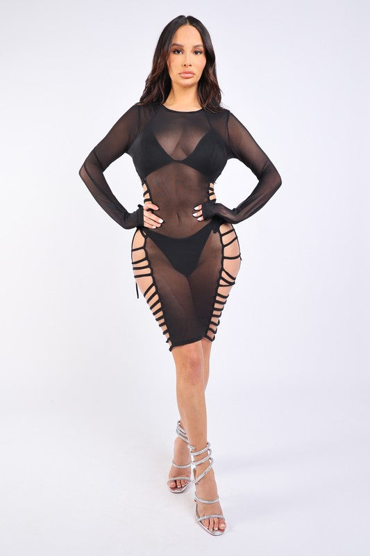 Strappy side detailed mesh cover up and bikini set