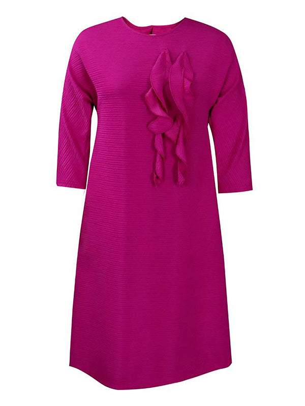 Vacation Long Sleeves A-Line Pleated Solid Color Round-Neck Midi Dresses by migunica