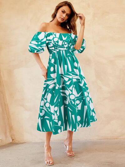 Printed Off-Shoulder Balloon Sleeve Dress by BlakWardrob