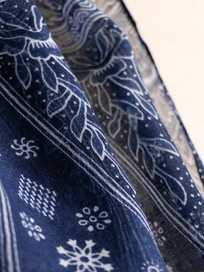 Printed Blue-And-White Sun-Protection Tasseled Shawl&Scarf by migunica