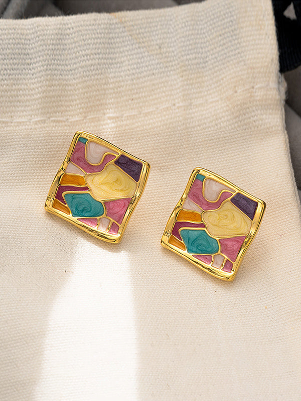 Multi-Colored Enamel Oil Painting Style Square Earrings by migunica