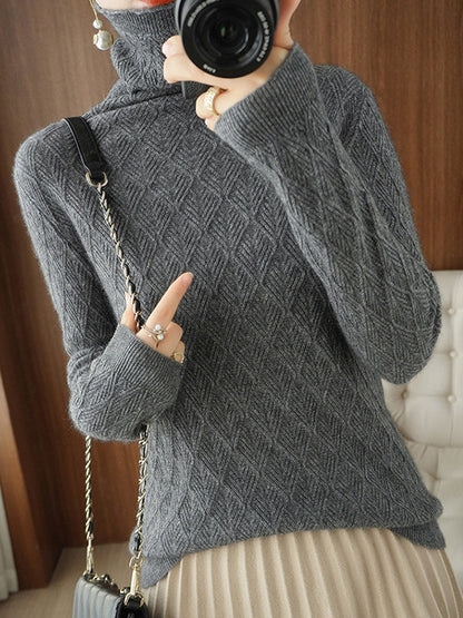 Solid Color Long Sleeves High-Neck Sweater Tops by migunica