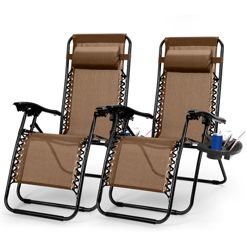 2Packs Zero Gravity Lounge Chair w/ Dual Side Tray 330lbs Load Foldable Recliner Chair w/ Stress Relief Pillow Patio Poolside Beach Lying Chair - Brown by VYSN