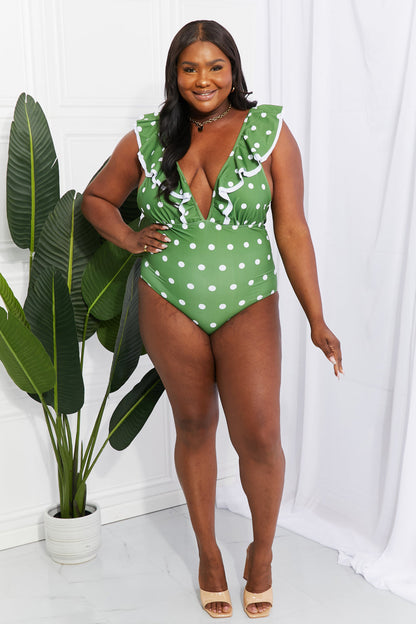 Moonlit Dip Ruffle Plunge Swimsuit in Mid Green by BYNES NEW YORK | Apparel & Accessories