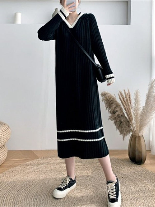 Urban Long Sleeves Loose Striped V-Neck Hooded Sweater Dresses by migunica