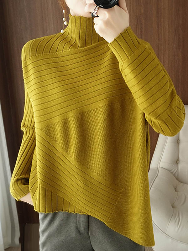 Original Irregular 7 Colors High-Neck Long Sleeves Sweater Top by migunica