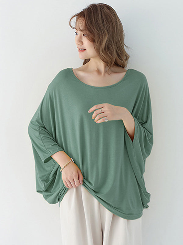 Vintage Loose Round-Neck Batwing Sleeves Shirts by migunica