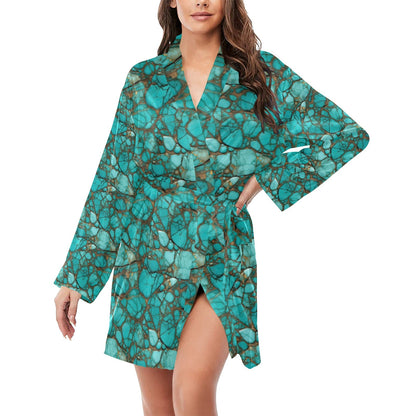 All Turquoise Women's Long Sleeve Belted Satin Feel Dressing Lounge Robe by Baha Ranch Western Wear