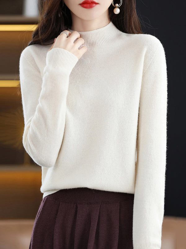 Office Long Sleeves Solid Color High-Neck Sweater Tops Pullovers by migunica