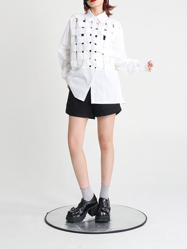 Original Loose Puff Sleeves Buttoned Hollow Solid Color Lapel Collar Blouses&Shirts Tops by migunica