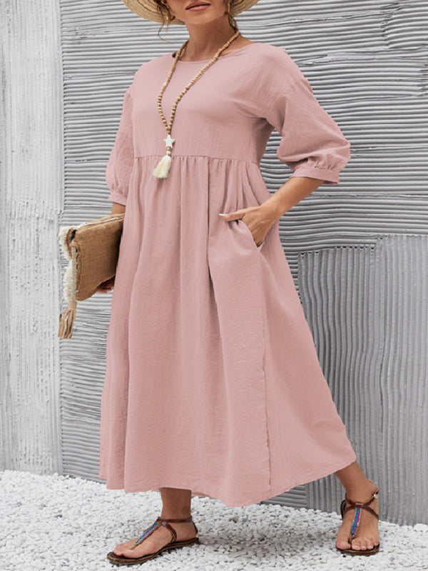 11 Colors Simple Round-Neck Solid Color Midi Dress by migunica