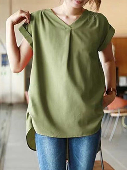 Loose Short Sleeves Back Pleated Solid Color Round-Neck T-Shirts Tops by migunica