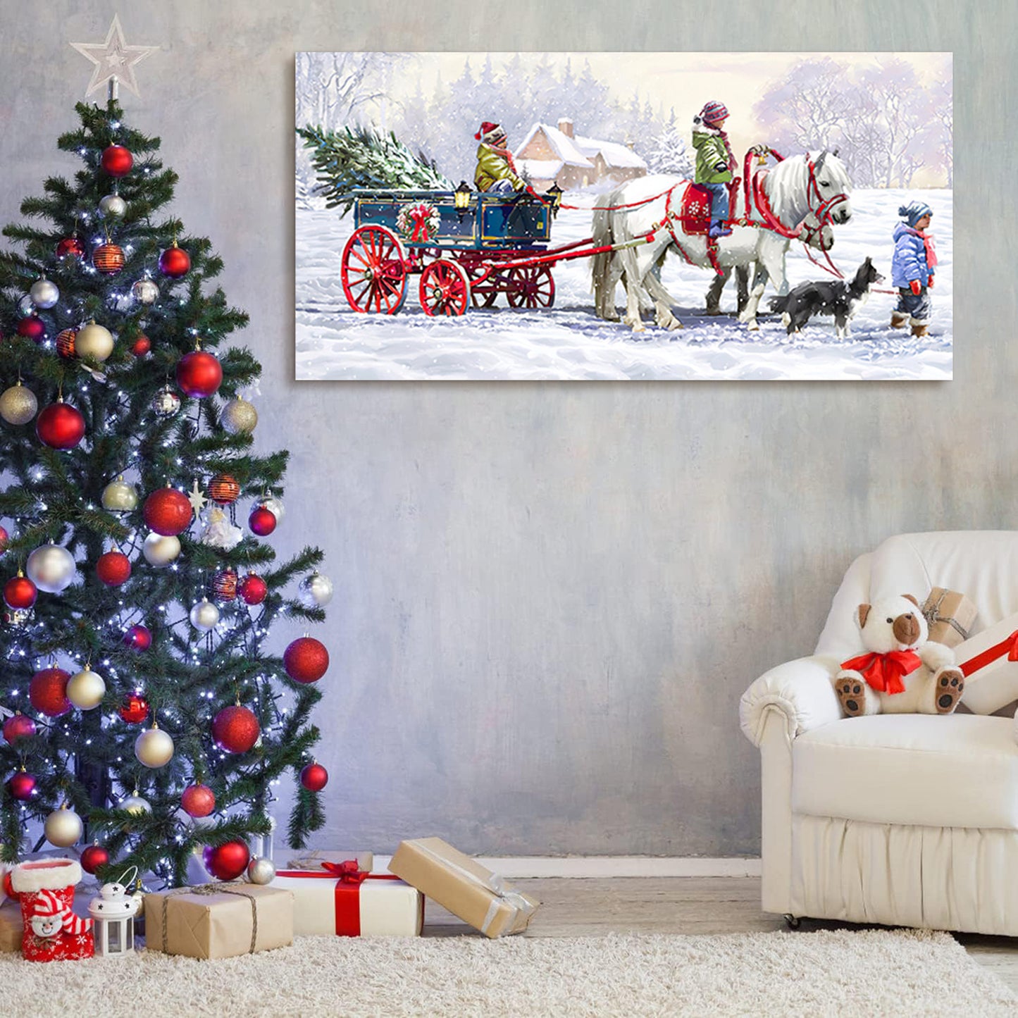 Framed Canvas Wall Art Decor Painting For Chrismas, Kids Riding White Horse Sledge Chrismas Gift Painting For Chrismas Gift, Decoration For Chrismas Eve Office Living Room, Bedroom Decor-Ready To Hang