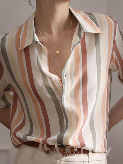 Long Sleeves Multi-Colored Striped Lapel Shirts Tops by migunica