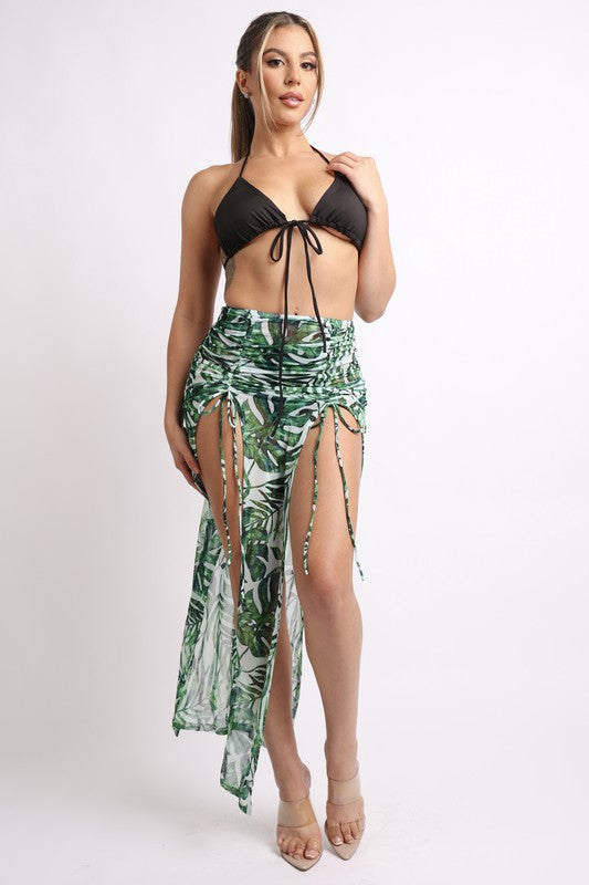 Printed mesh skirt set with double slit