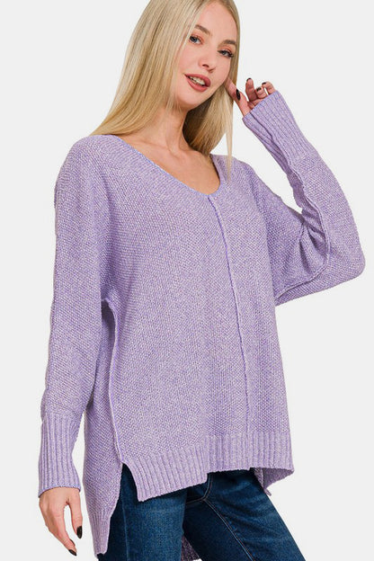 Zenana High-Low Center Seam V-Neck Sweater