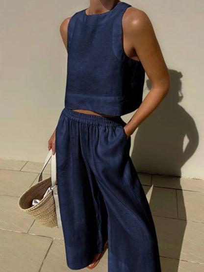 Solid Color Round-Neck Sleeveless Vest + Elasticity Wide Leg Pants Two Pieces Set by migunica