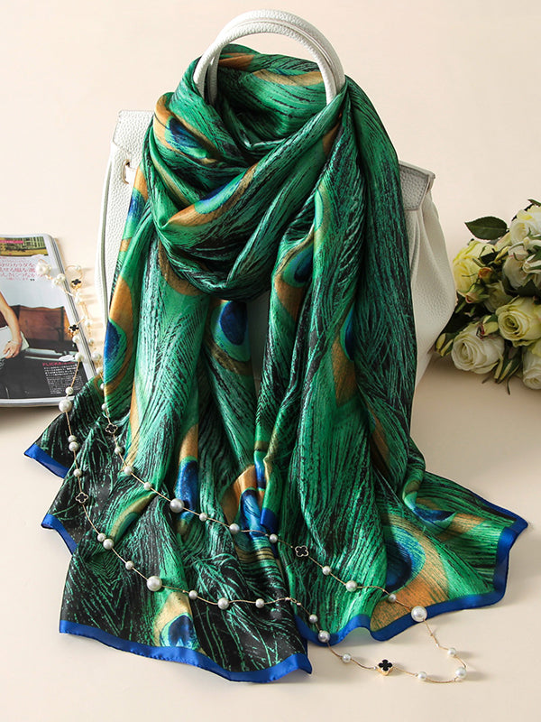 Vintage Peacock Printed Silk Imitation Shawl&Scarf by migunica