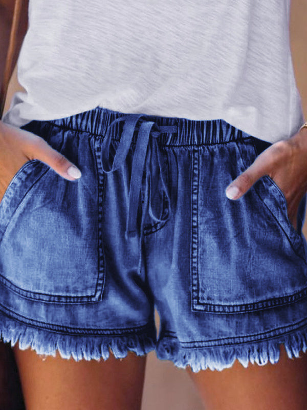 10 Colors Casual Drawstring High Waisted Denim Fringed Shorts by migunica