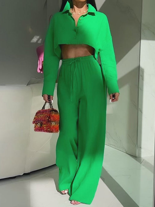 Solid Color Long Sleeves Blouse + Drawstring Elasticity High-Waisted Wide-Leg Pants Trousers Two Pieces Set by migunica