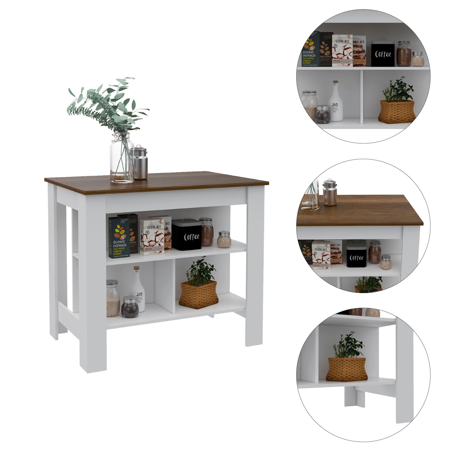 Cala Kitchen Island, Four Legs, Three Shelves  -White / Walnut