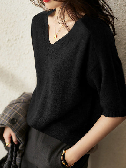 Urban Solid Color V-Neck Knitting Pullover by migunica