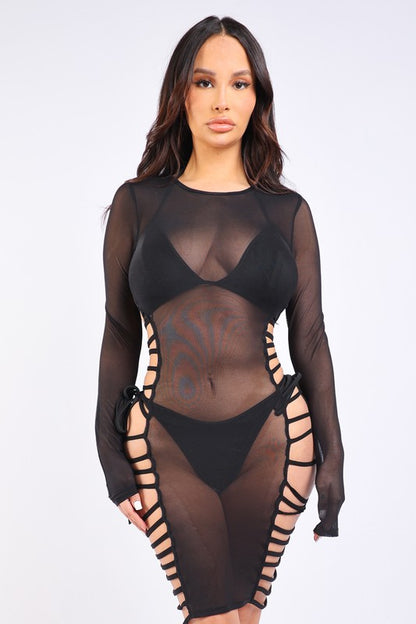 Strappy side detailed mesh cover up and bikini set